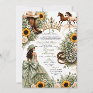 Sage Green Sunflower Rose Vaquera Quinceañera  Invitation
