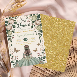 Sage Green Sweet 15 Gold Crown Butterfly  Invitation