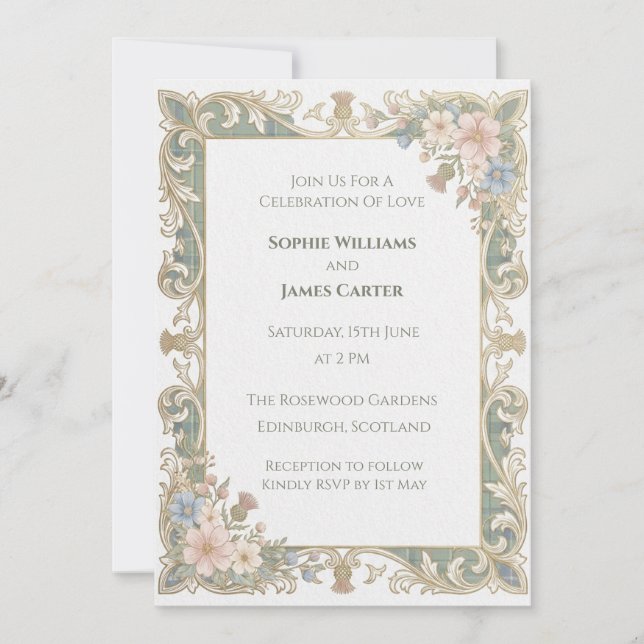 Sage Green Tartan Thistle Wildflower Scottish Wedd Invitation (Front)