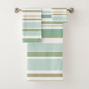 Sage Green & Teal Retro Horizontal Stripes Bath Towel Set