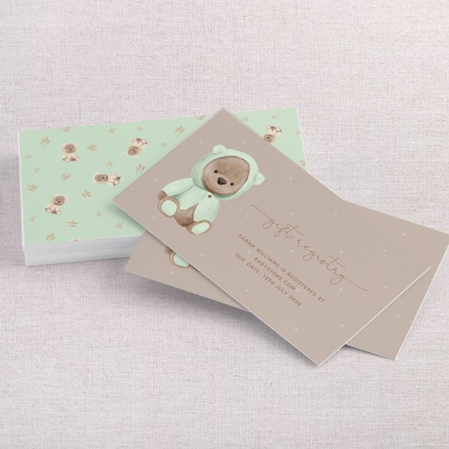 Sage Green Teddy Bear Baby Shower Gift Registry Business Card (Creator Uploaded)