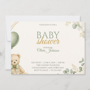 Sage Green Teddy Bear Baby Shower Invitation