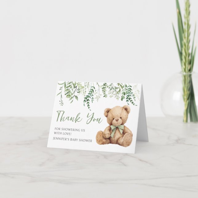 Sage Green Teddy Bear Baby Shower Thank You Cards (Front)