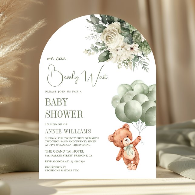 Sage Green Teddy Bear Balloons Floral Baby Shower Invitation (Creator Uploaded)