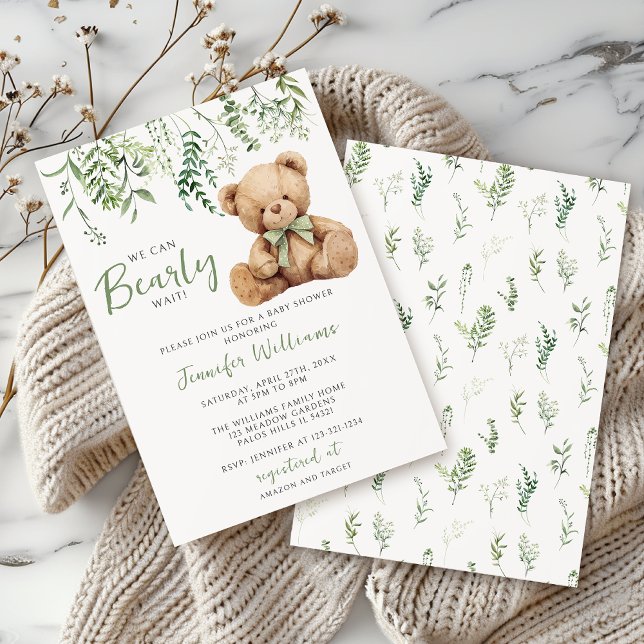 Sage Green Teddy Bear Bow Greenery Baby Boy Shower Invitation (Creator Uploaded)