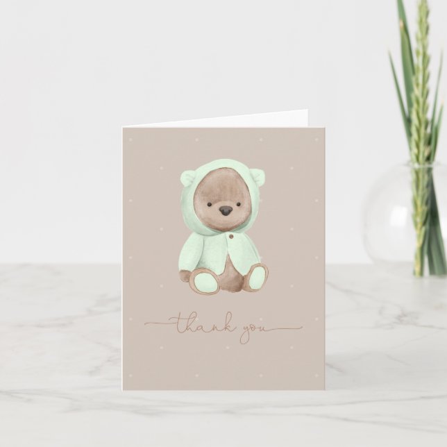 Sage Green Teddy Bear Watercolor Thank You Card (Front)