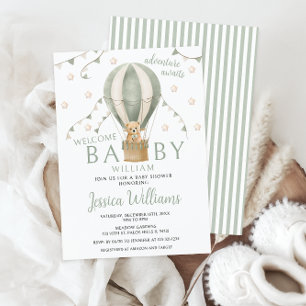 Sage Green Teddy Hot Air Balloon Baby Boy Shower Invitation