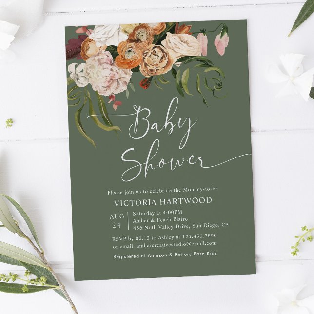 Sage Green Terracotta Boho Florals Baby Shower Invitation (Creator Uploaded)