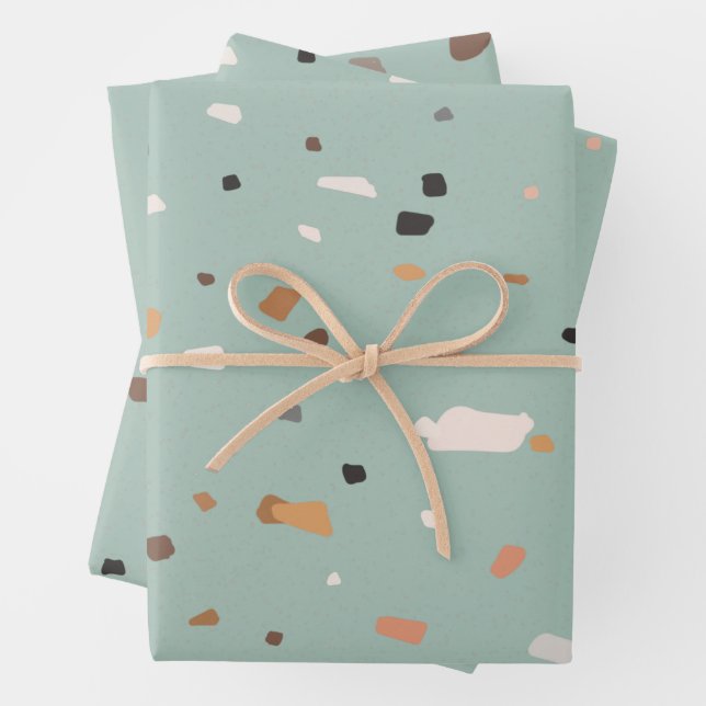 Sage green Terrazzo pattern Wrapping Paper Sheet (In situ)