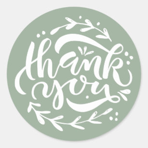 Sage Green Thank You Modern Calligraphy Wreath Classic Round Sticker