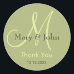 Sage Green Thank You Wedding Monogram Sticker<br><div class="desc">Initial Stickers with bride and groom name, date of wedding and a thank you note to express your gratitude on your wedding day or any special occasion. More colours are available for your choice . You can also customise the colour and font using the customise it feature button below the...</div>