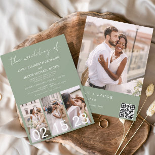 Sage Green The Wedding of Calligraphy QR code Invitation