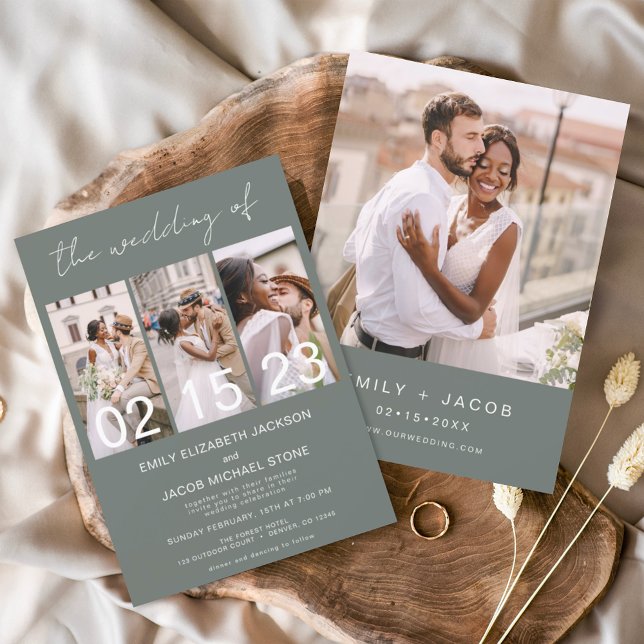 Sage Green The Wedding of Minimalist Photo Collage Invitation (Creator Uploaded)