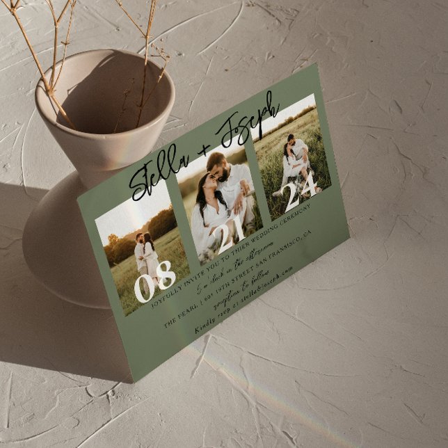 Sage Green Three Photos Collage Boho Chic Wedding Invitation (Creator Uploaded)