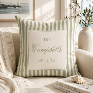 Sage Green Ticking Stripe Custom Family Name Cushion