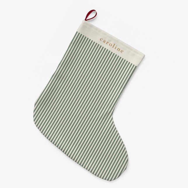 Sage Green Ticking Stripe Personalised Name Large Christmas Stocking (Front (Hanging))