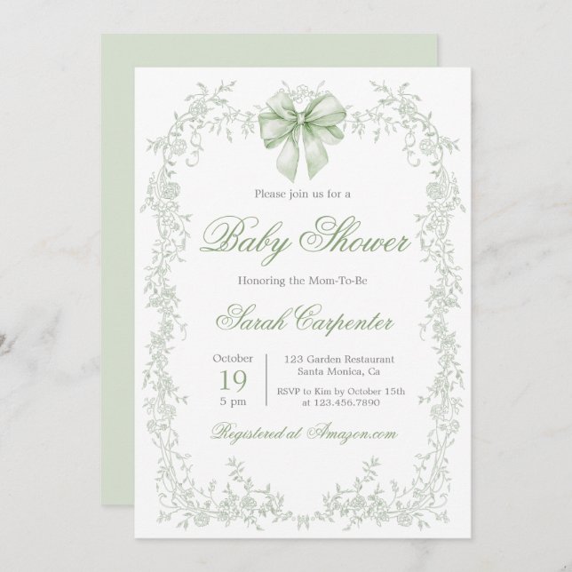 Sage Green Toile and Bow Baby Shower Invitation (Front/Back)