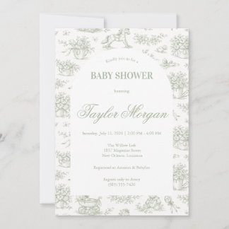 Sage Green Toile Baby Shower Invitation | Classic