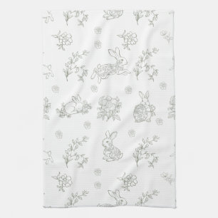 Sage Green Toile Bunny Rabbits Tea Towel