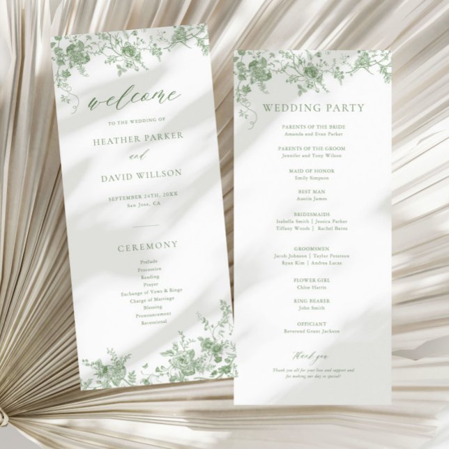 Sage Green Toile Classic Floral Wedding Programme (Creator Uploaded)