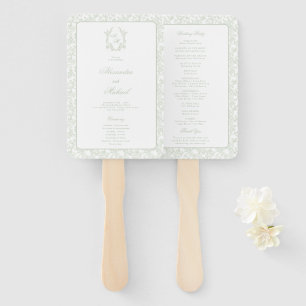 Sage Green Toile Crest Monogram Wedding Program Hand Fan