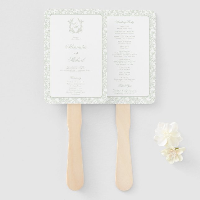 Sage Green Toile Crest Monogram Wedding Program Hand Fan (Front and Back)