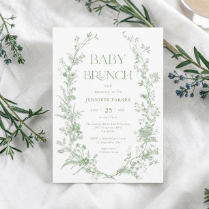 Sage Green Toile Floral Baby Brunch  Invitation