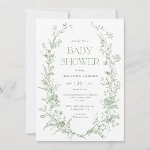 Sage Green Toile Floral Baby Shower Invitation