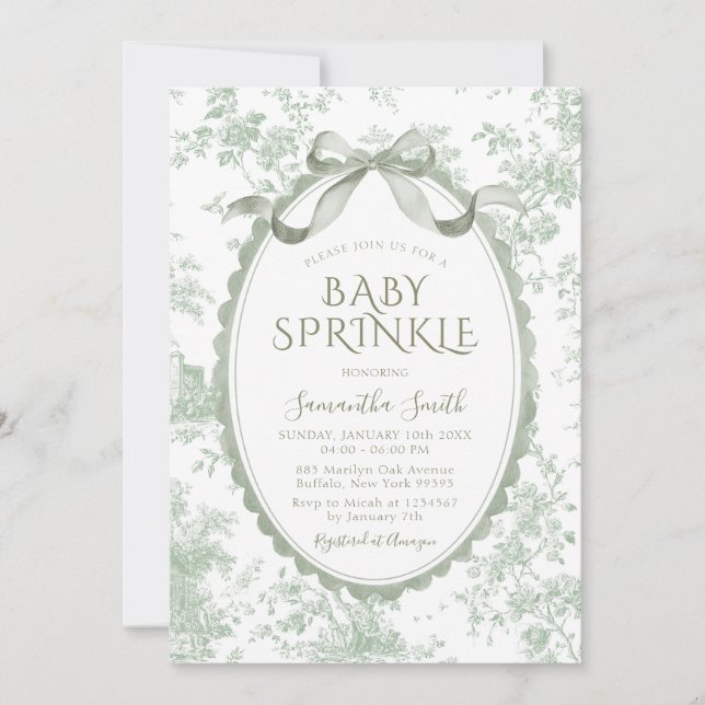 Sage Green Toile Floral Chinoiserie Baby Sprinkle Invitation (Front)