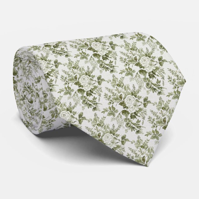 Sage Green Toile Floral  Tie (Rolled)