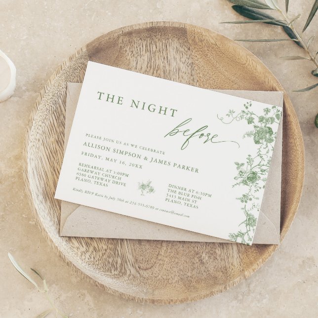 Sage Green Toile Floral Wedding Rehearsal Dinner Invitation (Creator Uploaded)