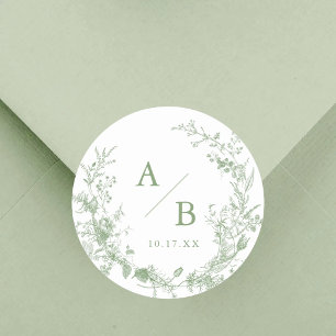 Sage Green Toile Victorian Wedding Initials Classic Round Sticker