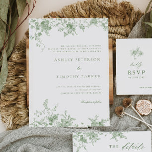 Sage Green Toile Vintage Floral Wedding Invitation