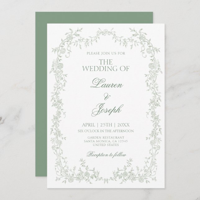 Sage Green Toile Wedding Invitation (Front/Back)