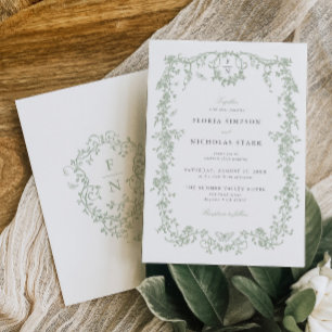 Sage Green Toile Wedding Invitation Chinoiserie