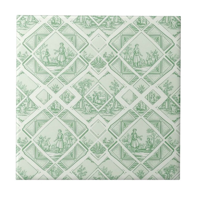 Sage Green Toile with Pastoral Scenes Tile (Front)