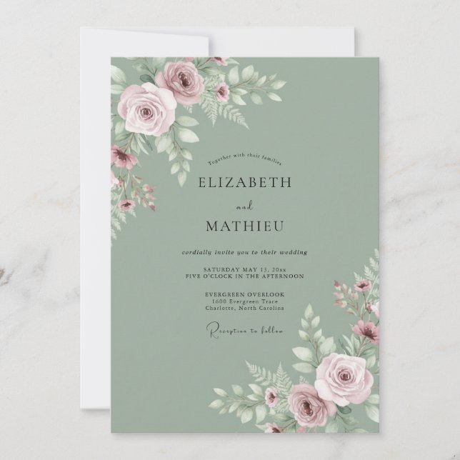 Sage Green Tranquil Rose Wedding Invitation (Front)