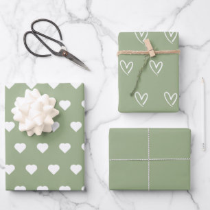 Sage Green Trendy Minimalist Simple Heart Elegant Wrapping Paper Sheet