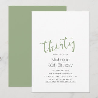 Sage Green Trendy Modern Minimalist 30th Birthday Invitation