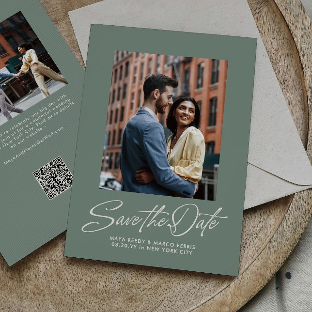 Sage green trendy script two photo wedding save the date (Creator Uploaded)