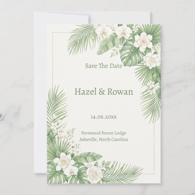 Sage Green Tropical Floral Save the Date Invitation (Front)