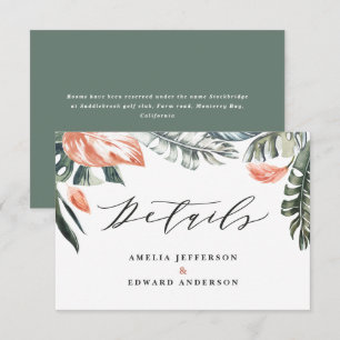 Sage green tropical foliage wedding details card