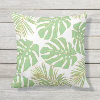 Sage green tropical monstera leaves pattern cushion