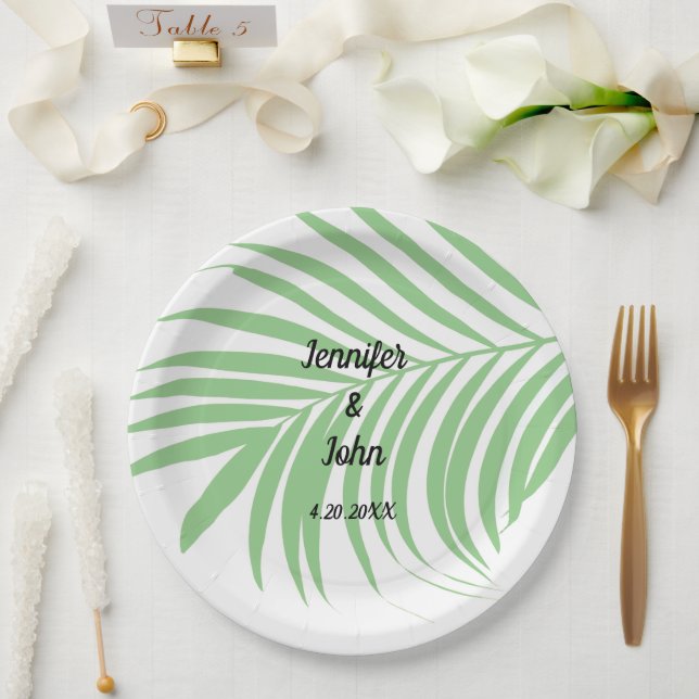 Sage Green Tropical Palm Tree Leaf Cute Wedding Paper Plate (Wedding)