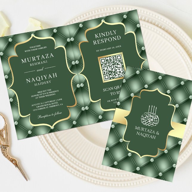 Sage Green Tufted Pattern QR Code Muslim Wedding Invitation (Creator Uploaded)