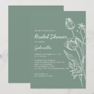 Sage Green Tulip Line Art Garden Bridal Shower Invitation
