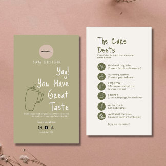 Sage Green Tumbler Care Instruction Card With Logo
