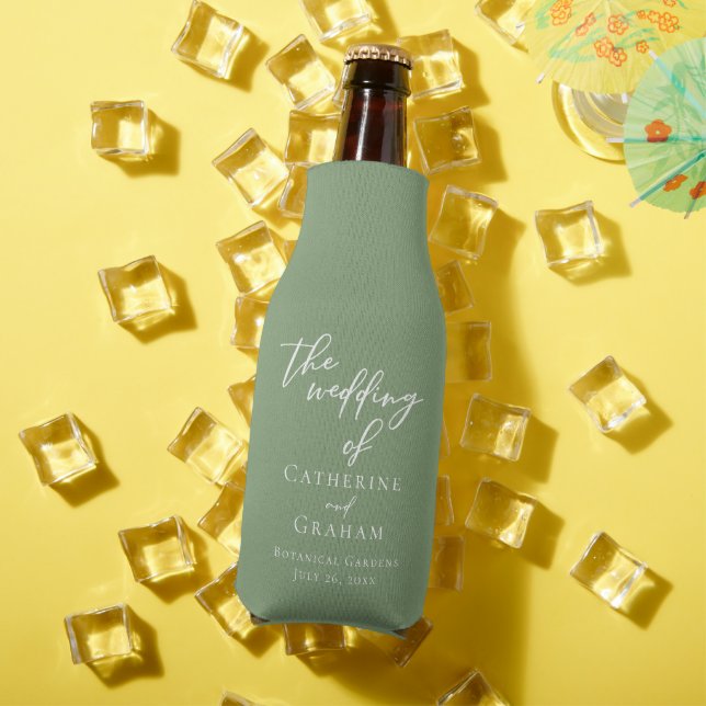 Sage Green Typography Personalised Wedding Bottle Cooler (In Situ Summer)