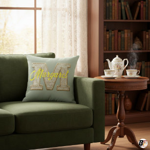 Sage Green Varsity Letter M Monogram Name Cushion
