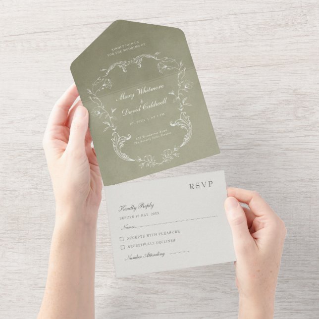 Sage Green Velvet Elegant Baroque Frame Wedding All In One Invitation (Tearaway)